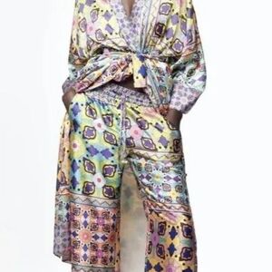 Zara Women's Satin Printed Kimono Robe Size S Belted Colorful Patchwork Design